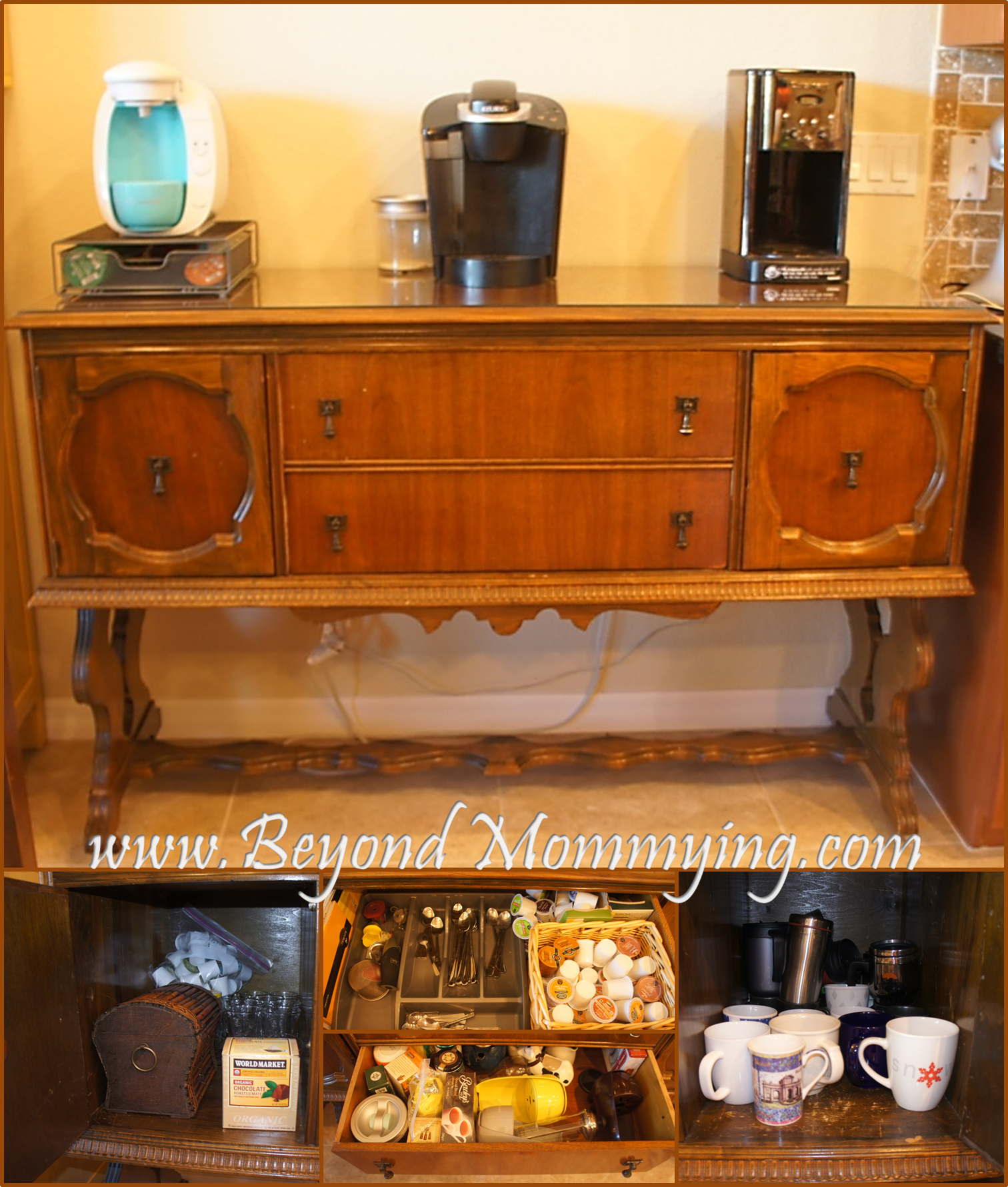 Using an antique buffet as a coffee bar