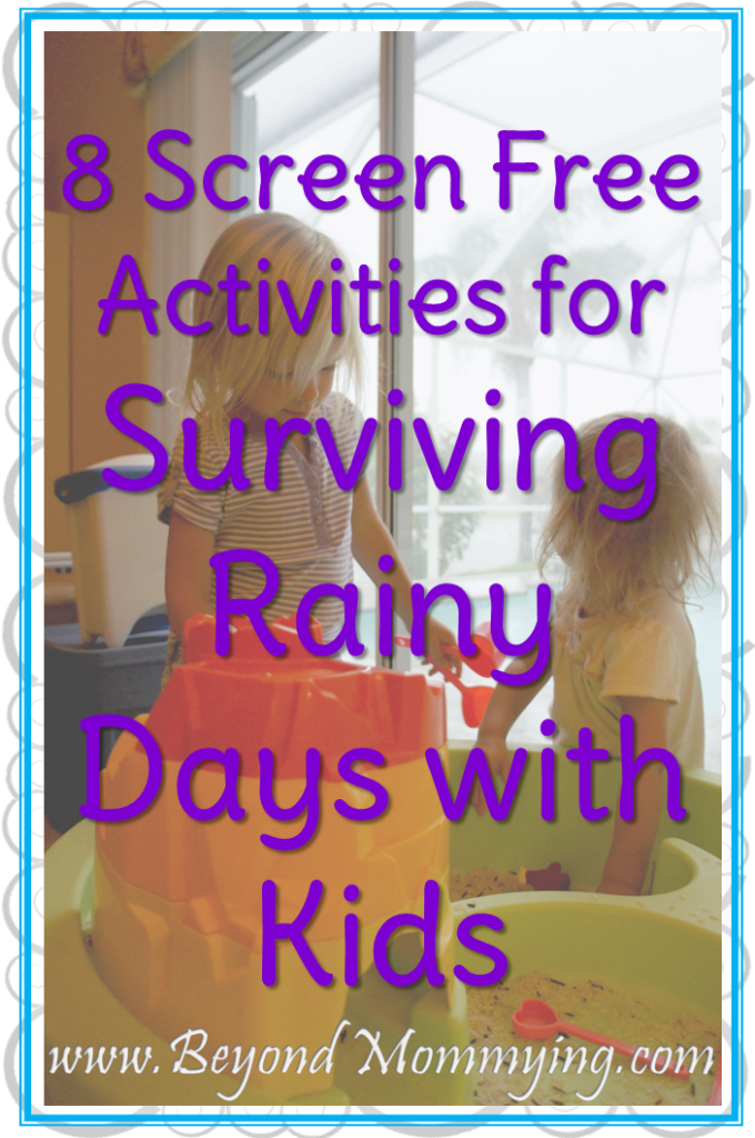 Screen free activities for surviving rainy days when stuck inside at home with kids.