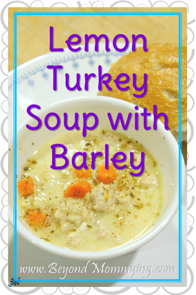 Recipe for dairy free Lemon Turkey Soup with Barley based off classic Greek Lemon Chicken Soup filled with turkey, vegetables and barley.