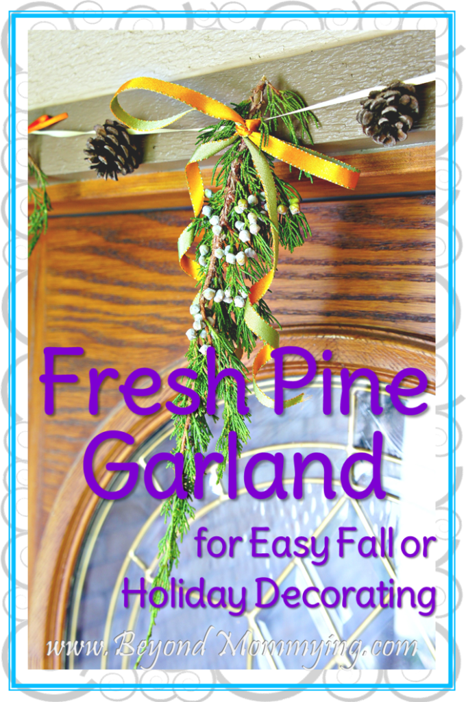 Create this easy and festive DIY Pine Garland using pine cones and fresh evergreen fronds from the yard and fall or holiday inspired ribbon.