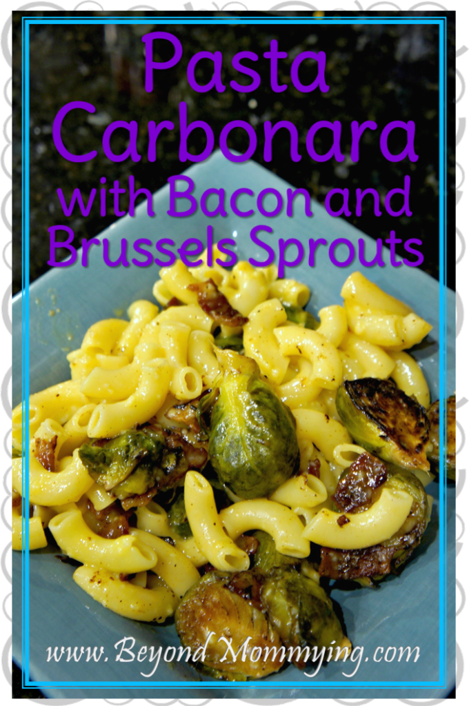 Pasta Carbonara is an easy, sure to please family dinner and the addition of sweet Brussels Sprouts with the Bacon makes it even more delicious.